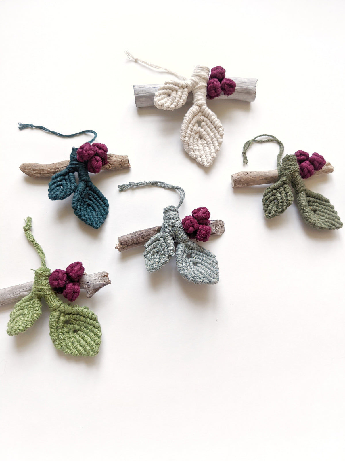 Macrame Leafy Ornaments on Driftwood