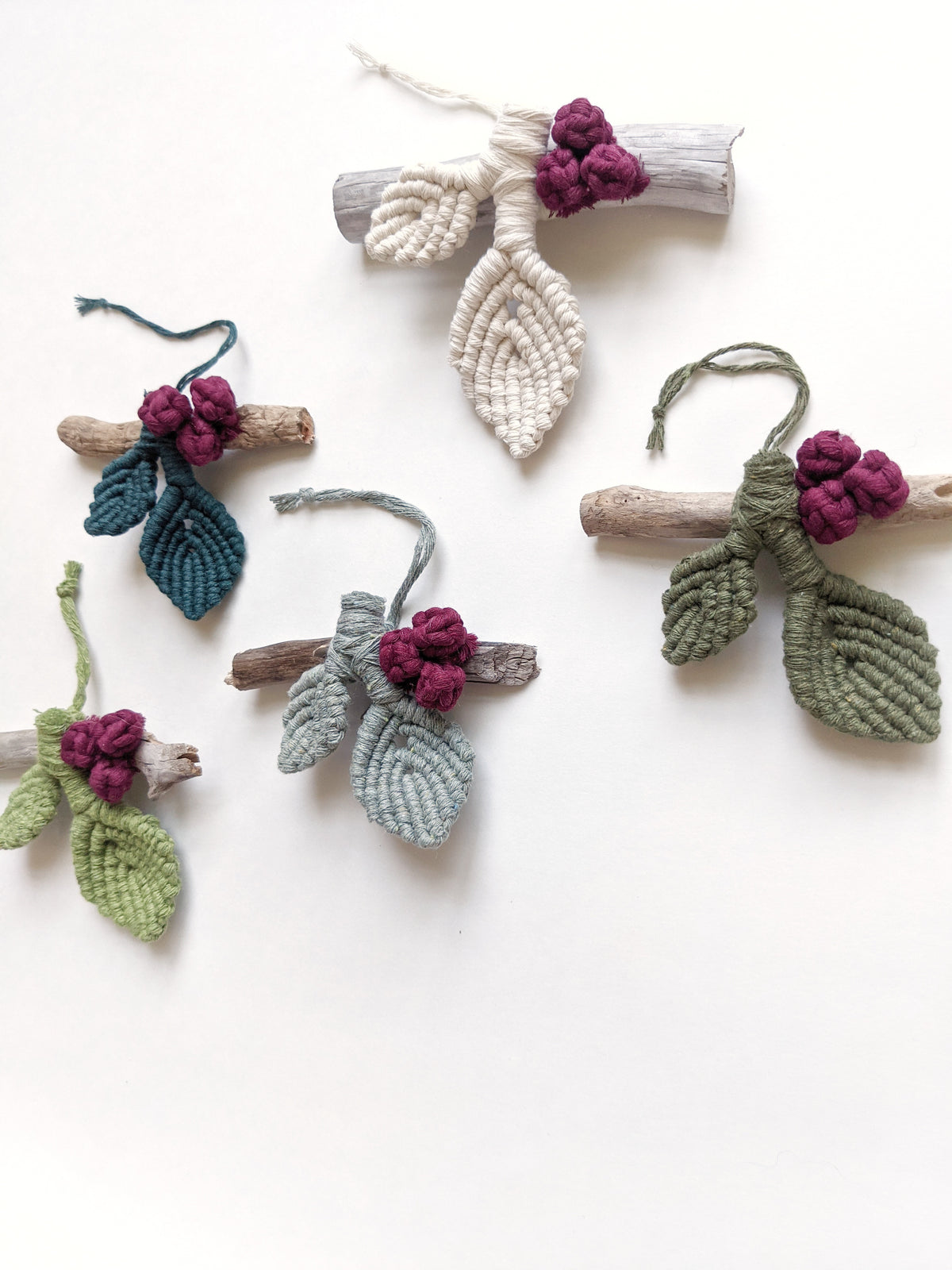 Macrame Leafy Ornaments on Driftwood
