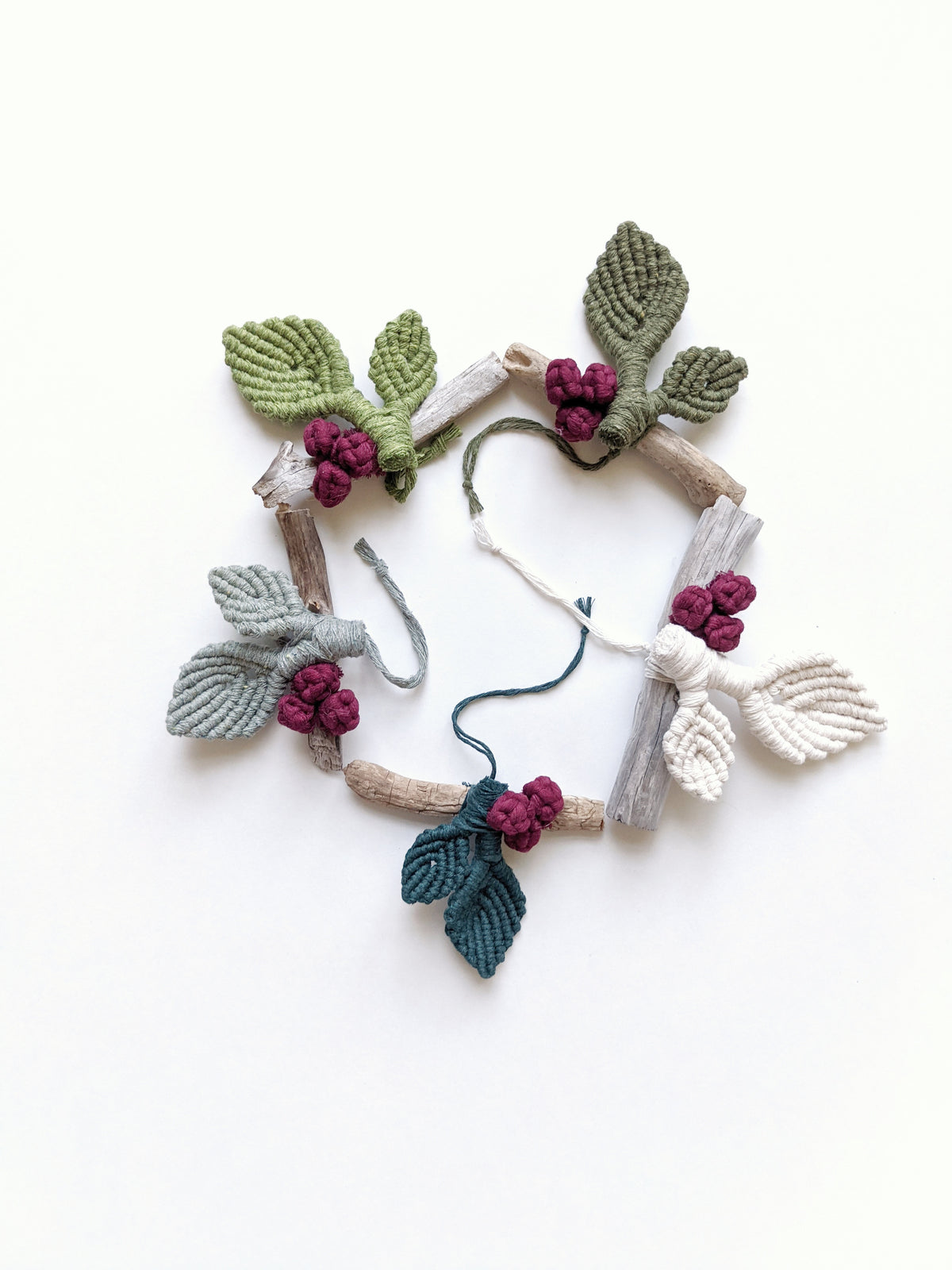 Macrame Leafy Ornaments on Driftwood
