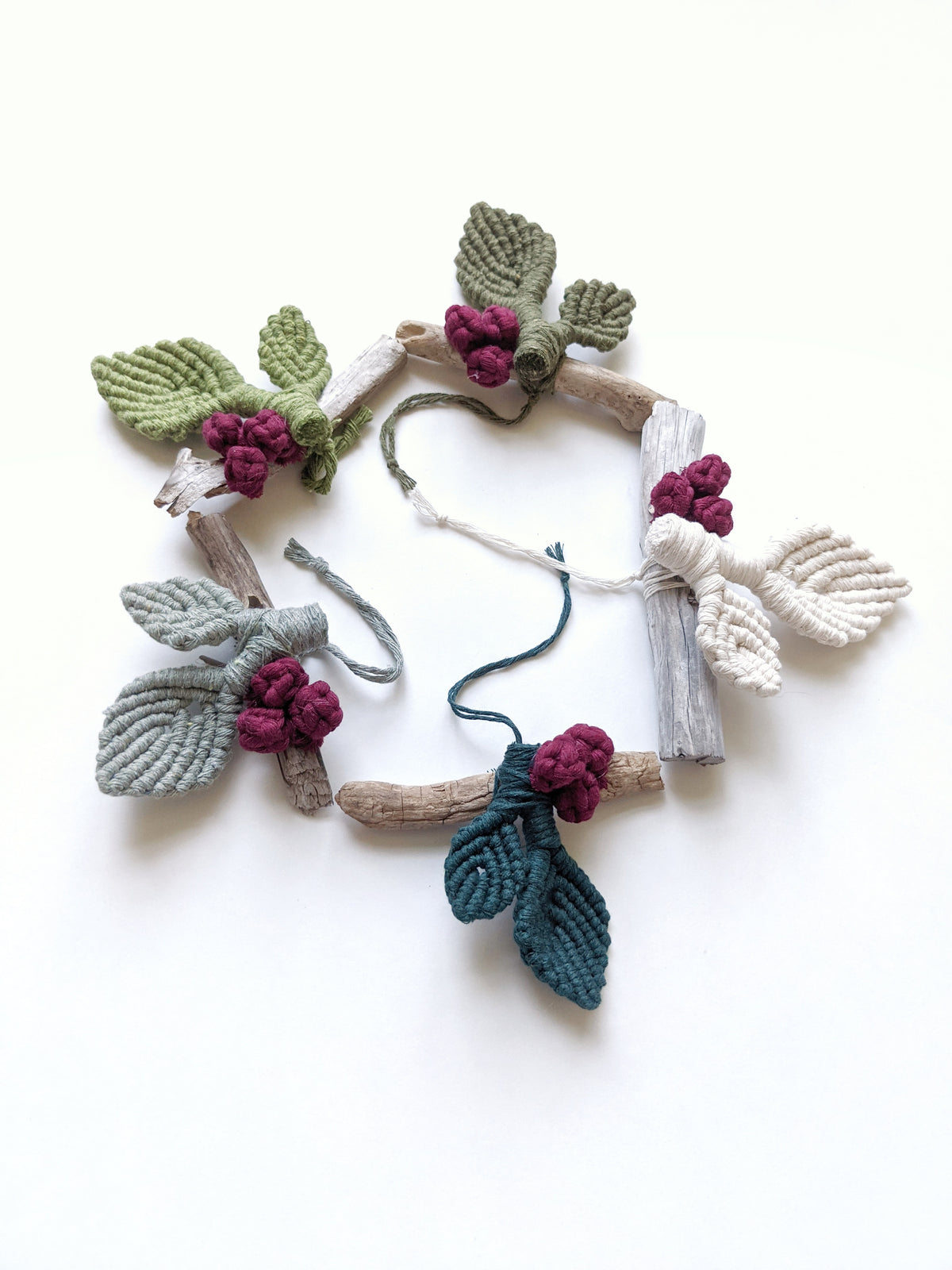 Macrame Leafy Ornaments on Driftwood