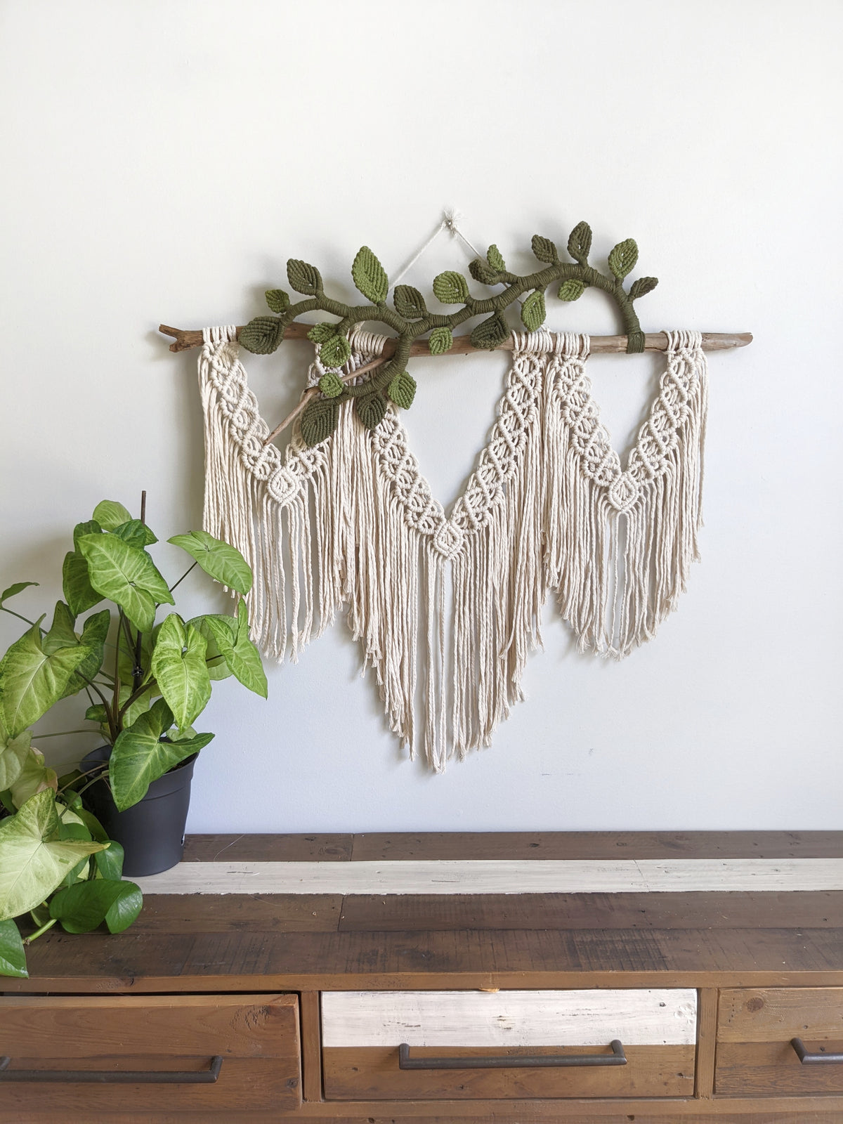 Flower Crown Macrame Hanging - Natural & Olive/Avocado String Theories Fiber Design