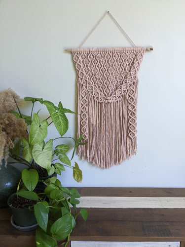 Macrame Pink Lace Wall Hanging on Driftwood String Theories Fiber Design