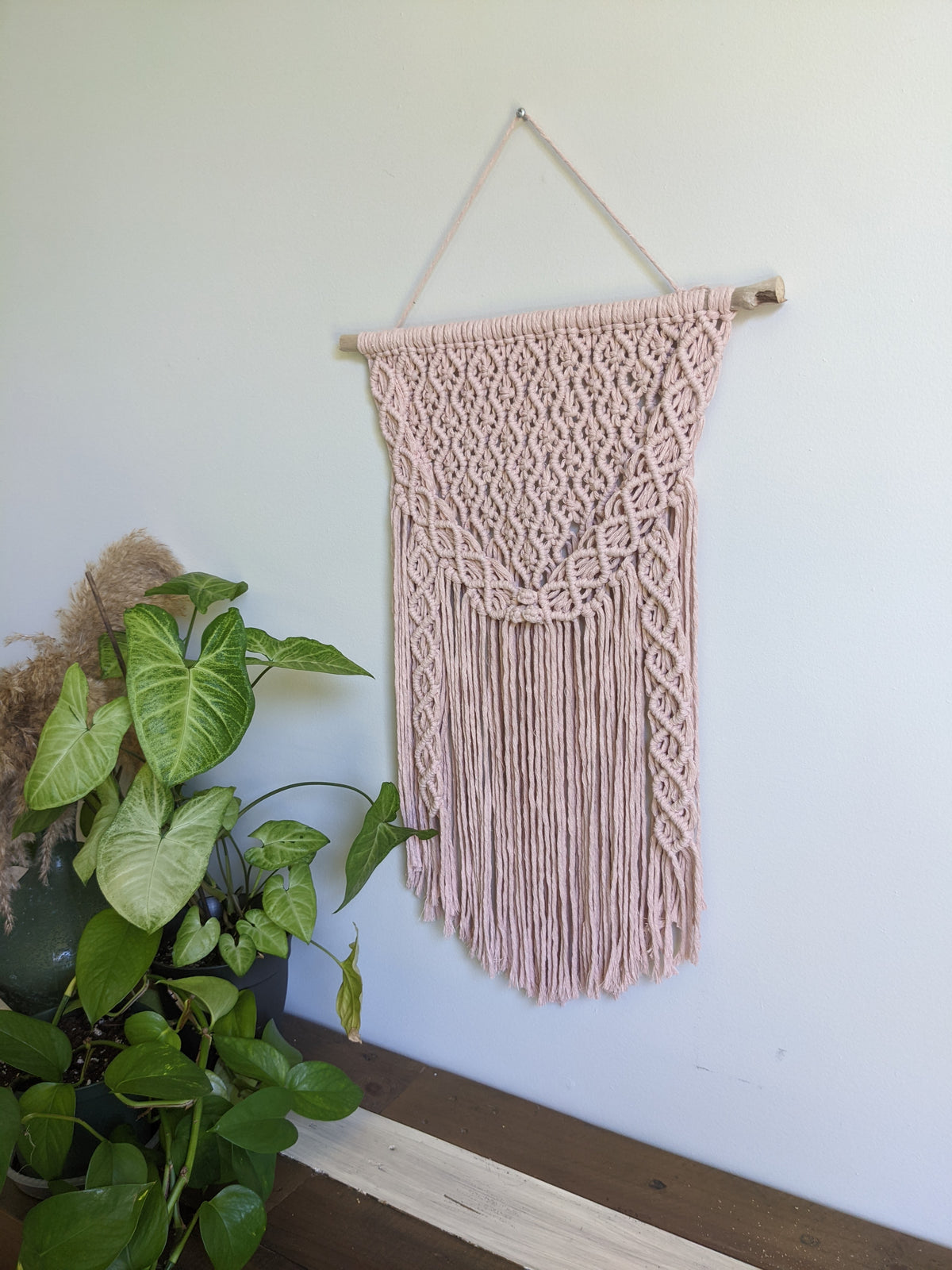 Macrame Pink Lace Wall Hanging on Driftwood String Theories Fiber Design