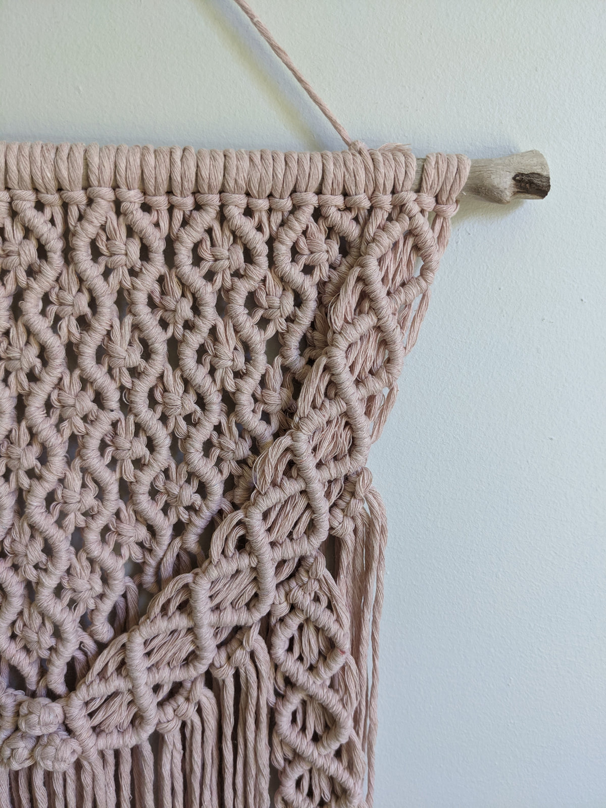 Macrame Pink Lace Wall Hanging on Driftwood String Theories Fiber Design