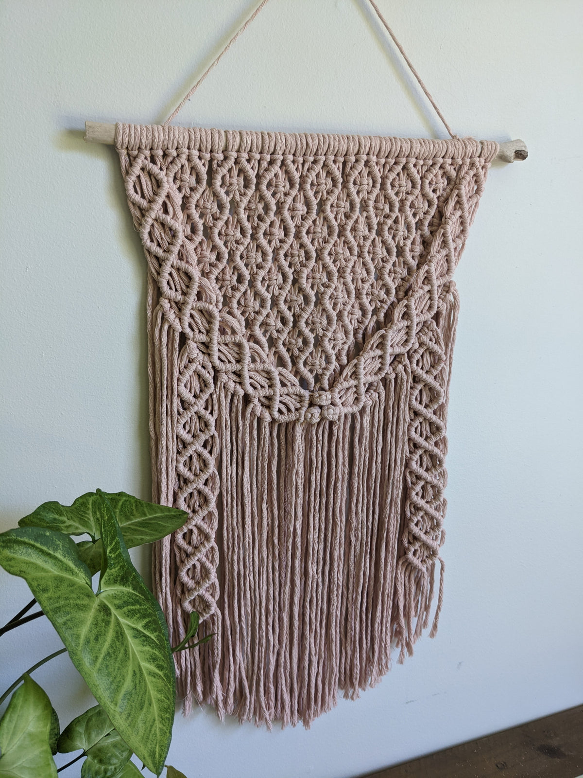 Macrame Pink Lace Wall Hanging on Driftwood String Theories Fiber Design