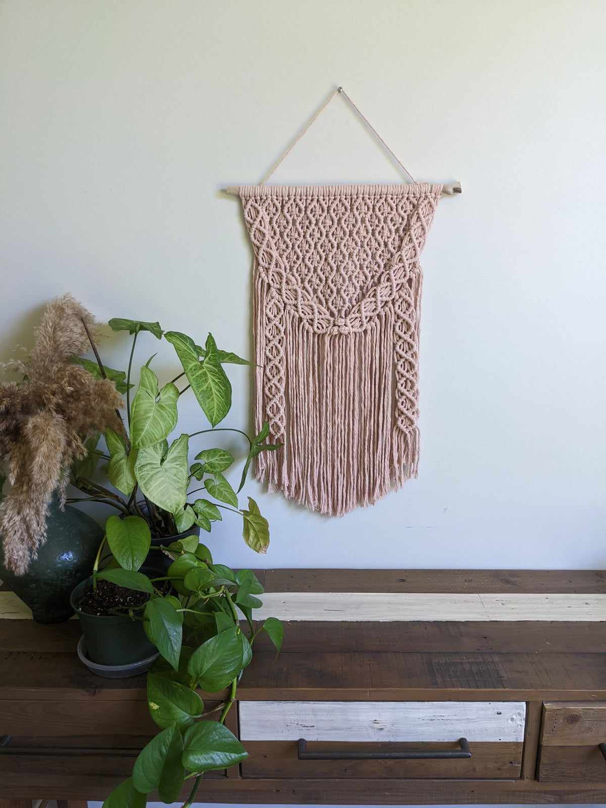 Macrame Pink Lace Wall Hanging on Driftwood String Theories Fiber Design