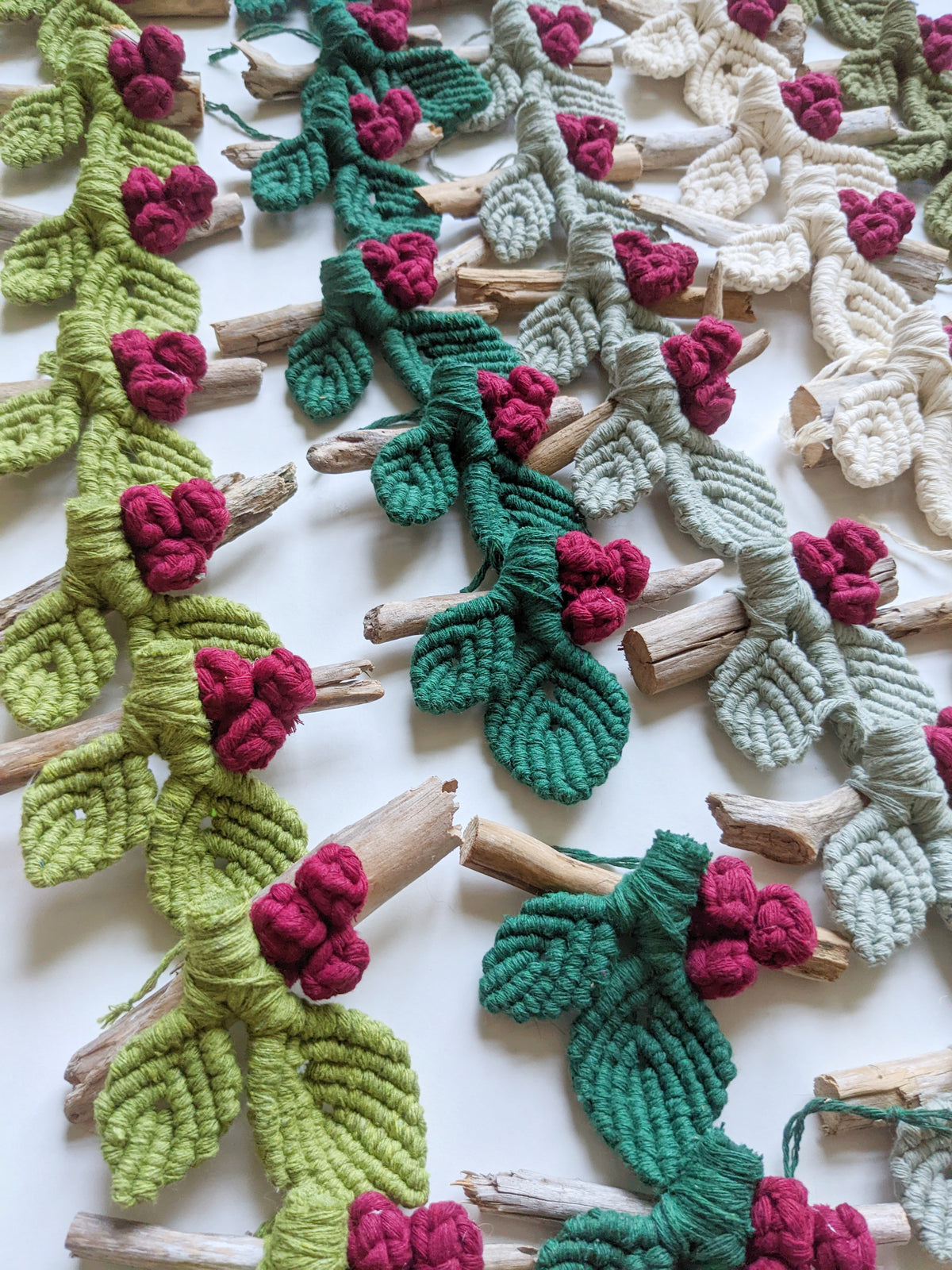 Macrame Leafy Ornaments on Driftwood