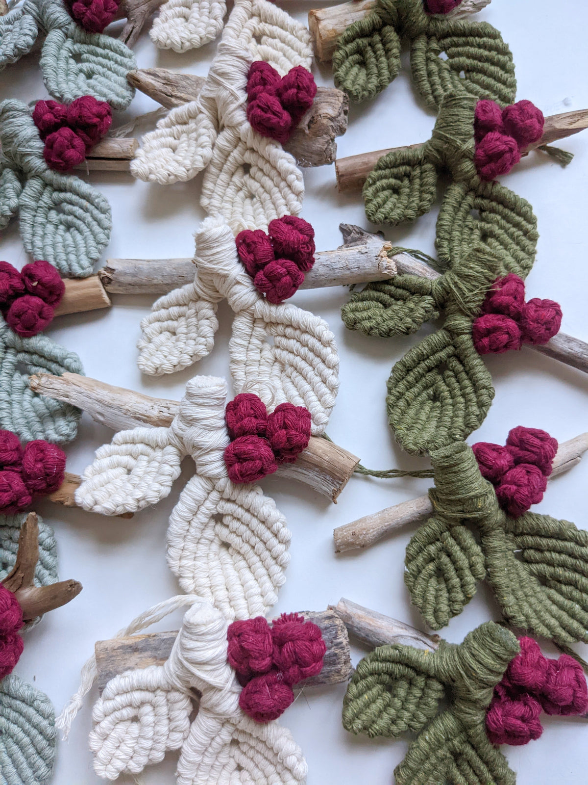 Macrame Leafy Ornaments on Driftwood