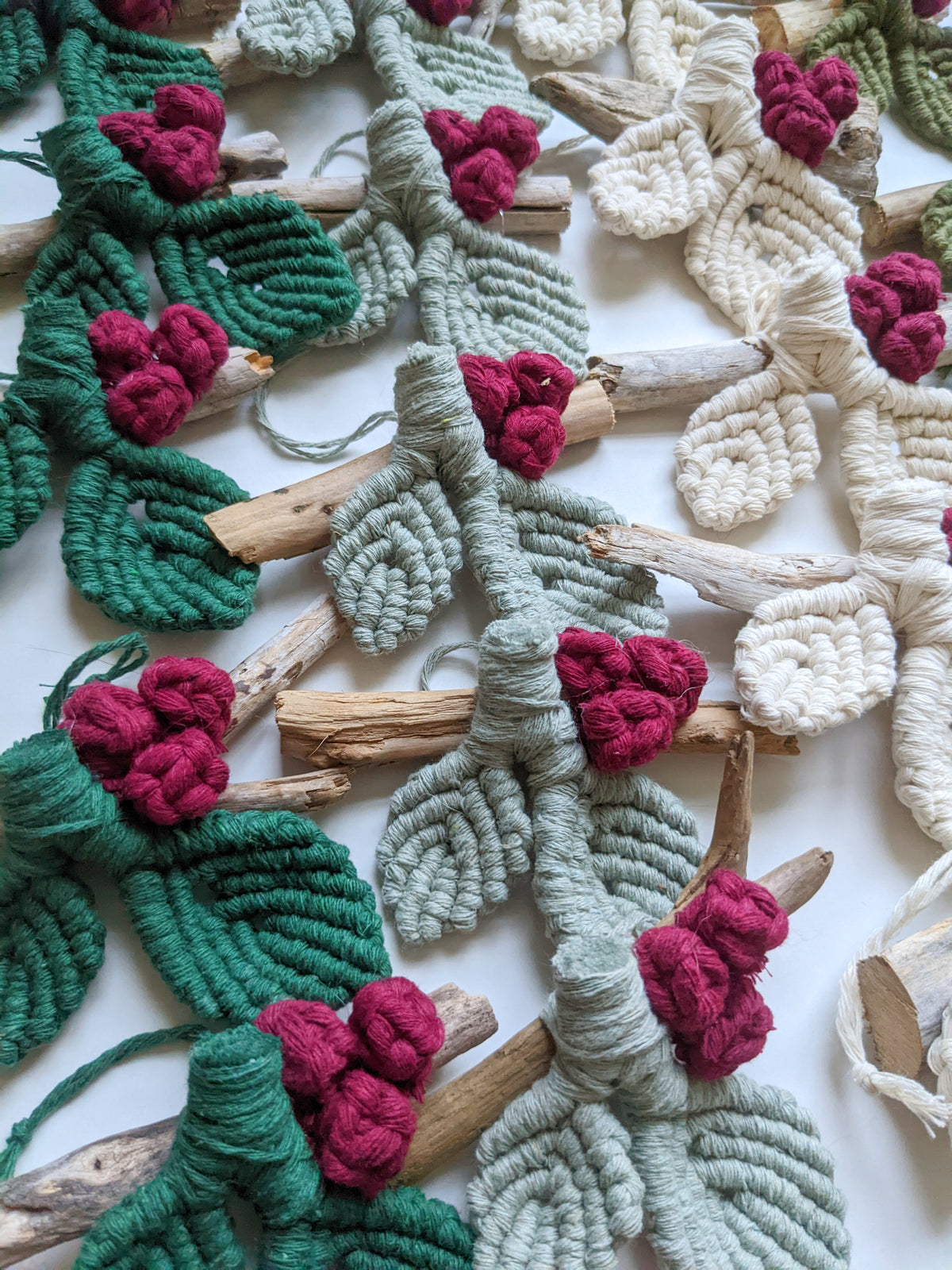 Macrame Leafy Ornaments on Driftwood