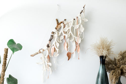 Macrame Wall Hanging Sculpture - Draped Silk - Copper Leaves String Theories Fiber Design