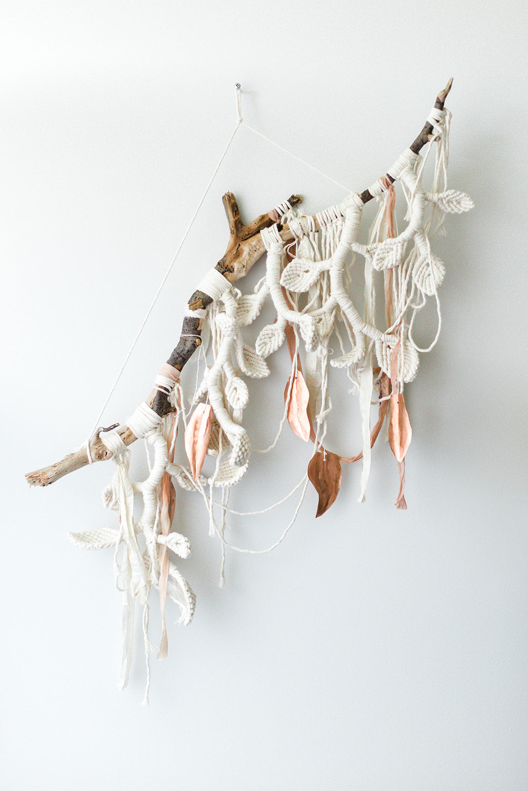 Macrame Wall Hanging Sculpture - Draped Silk - Copper Leaves String Theories Fiber Design