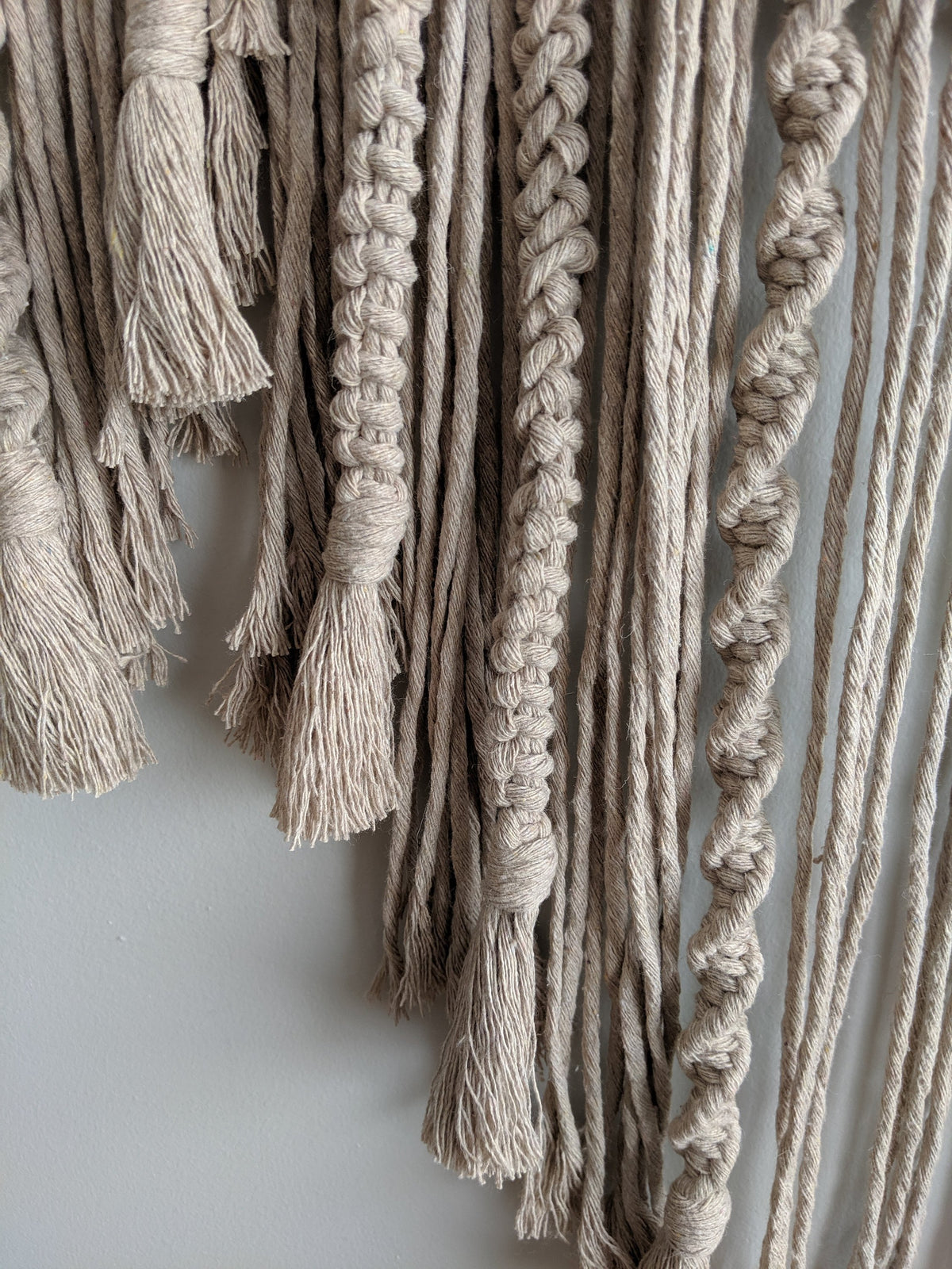 Macrame Wall Hanging - Triple Fringe with Spirals String Theories Fiber Design