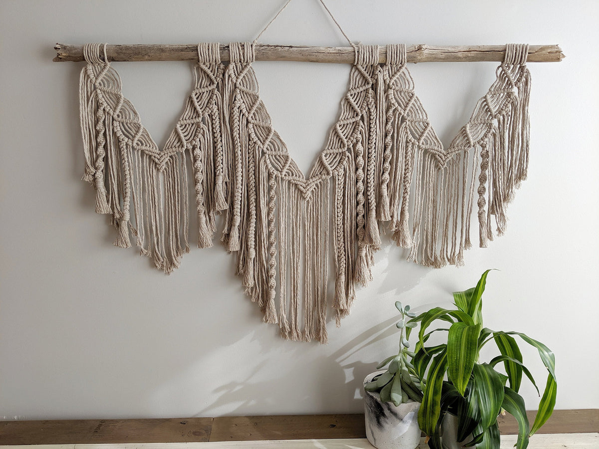 Macrame Wall Hanging - Triple Fringe with Spirals String Theories Fiber Design