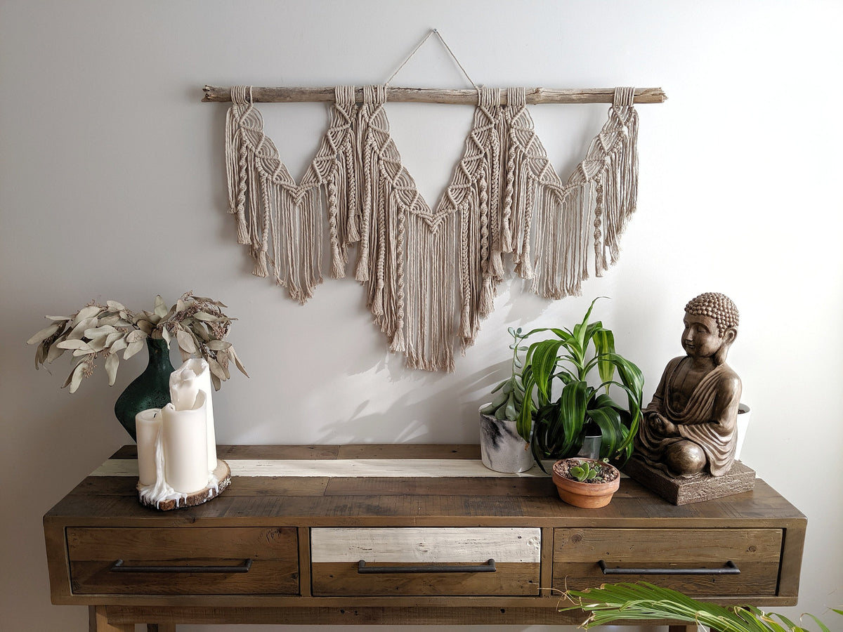 Macrame Wall Hanging - Triple Fringe with Spirals String Theories Fiber Design