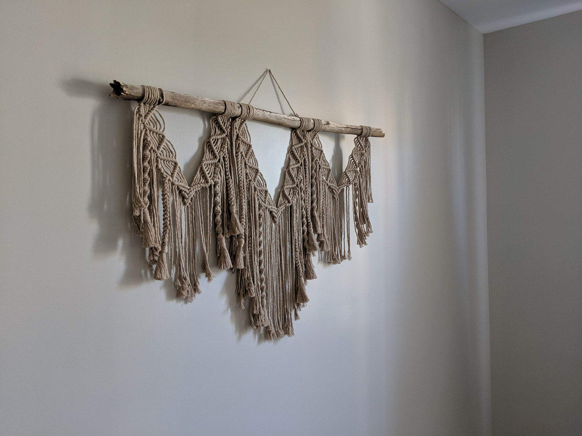 Macrame Wall Hanging - Triple Fringe with Spirals String Theories Fiber Design