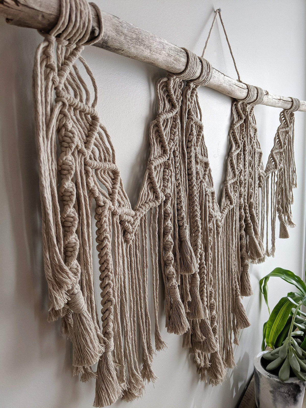 Macrame Wall Hanging - Triple Fringe with Spirals String Theories Fiber Design