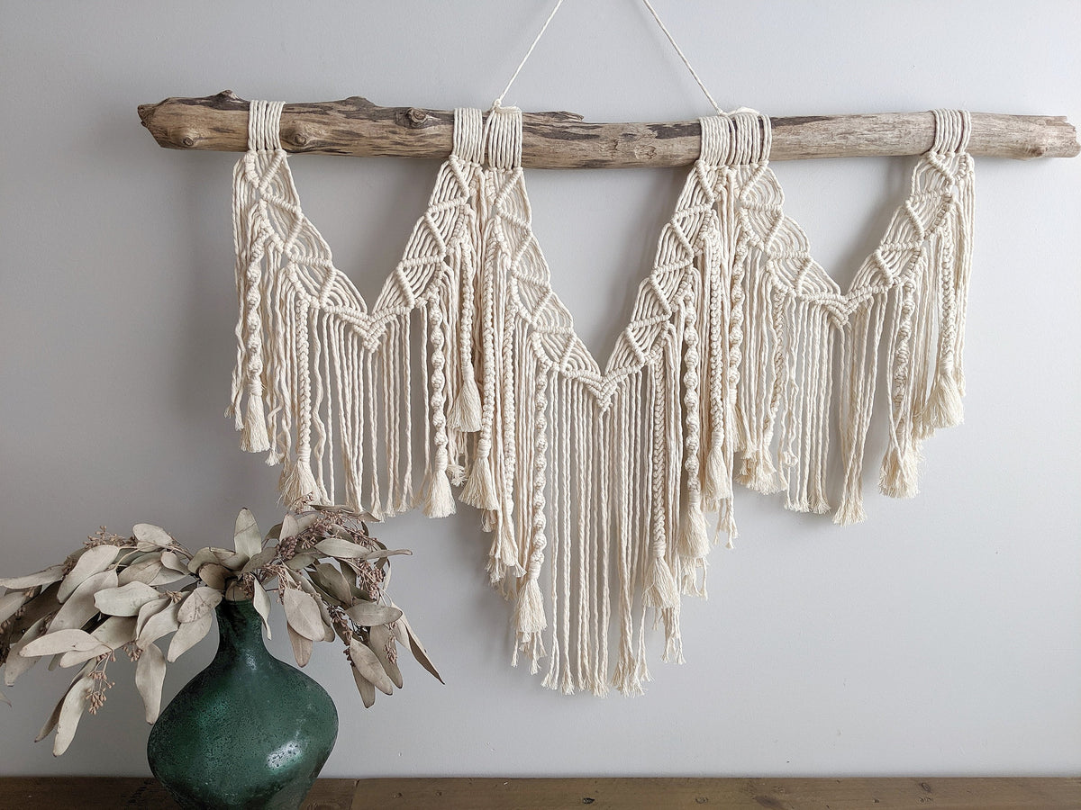 Macrame Wall Hanging - Triple Fringe with Spirals String Theories Fiber Design