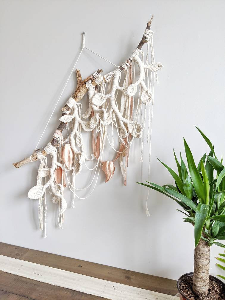 Macrame Wall Hanging Sculpture - Draped Silk - Copper Leaves String Theories Fiber Design