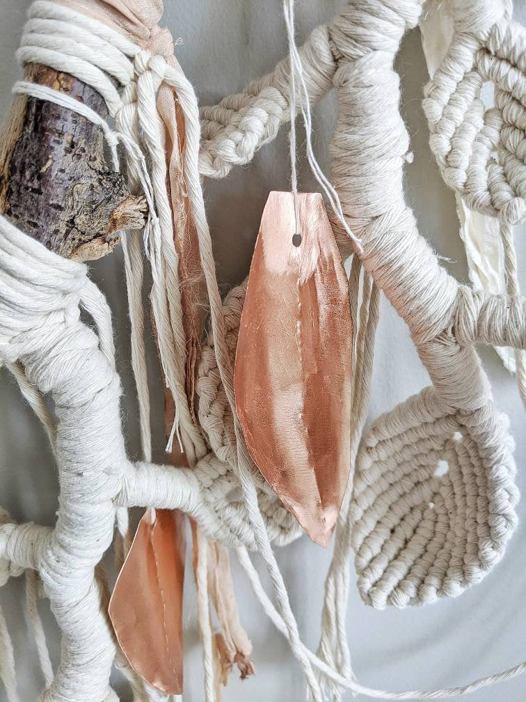 Macrame Wall Hanging Sculpture - Draped Silk - Copper Leaves String Theories Fiber Design
