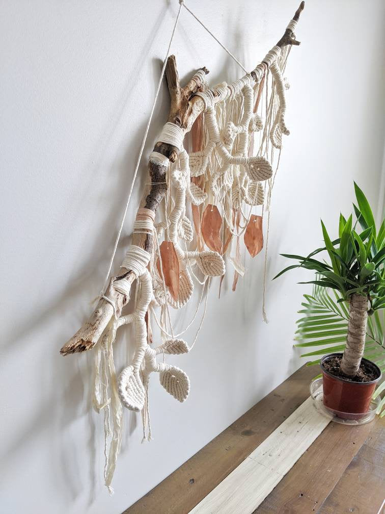 Macrame Wall Hanging Sculpture - Draped Silk - Copper Leaves String Theories Fiber Design