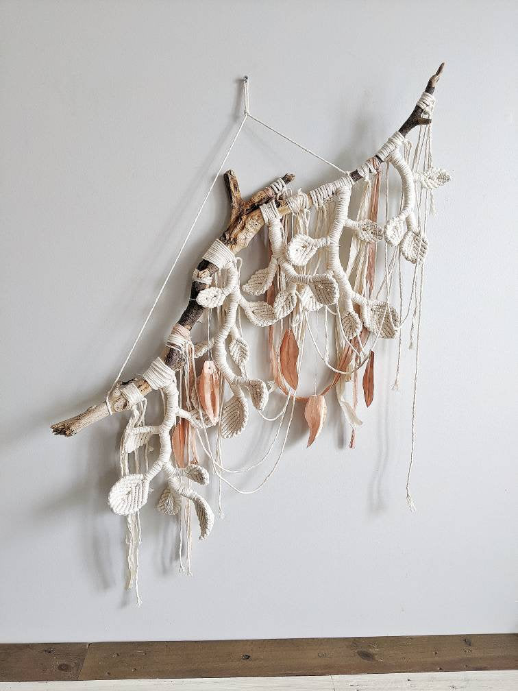 Macrame Wall Hanging Sculpture - Draped Silk - Copper Leaves String Theories Fiber Design