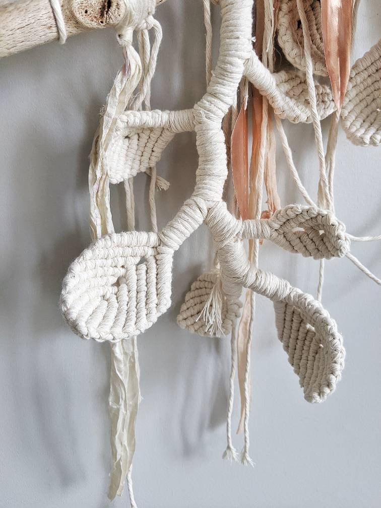 Macrame Wall Hanging Sculpture - Draped Silk - Copper Leaves String Theories Fiber Design