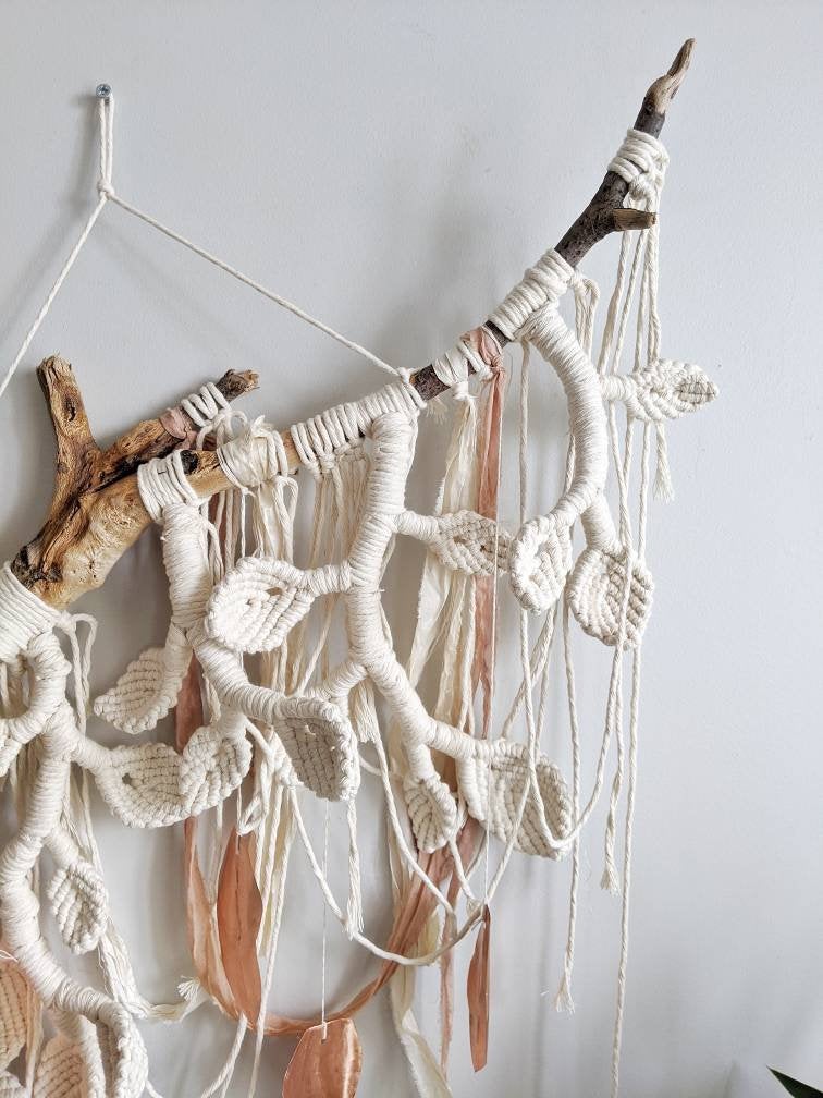 Macrame Wall Hanging Sculpture - Draped Silk - Copper Leaves String Theories Fiber Design
